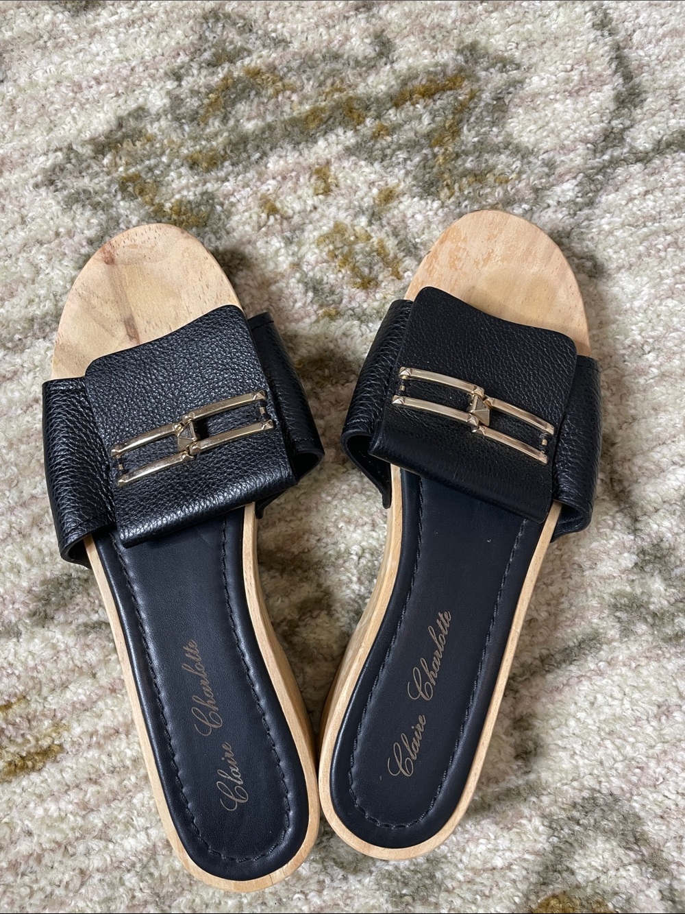 Anthropologie , Claire, Charlotte Black Leather wooden Slide Sandals size 38
